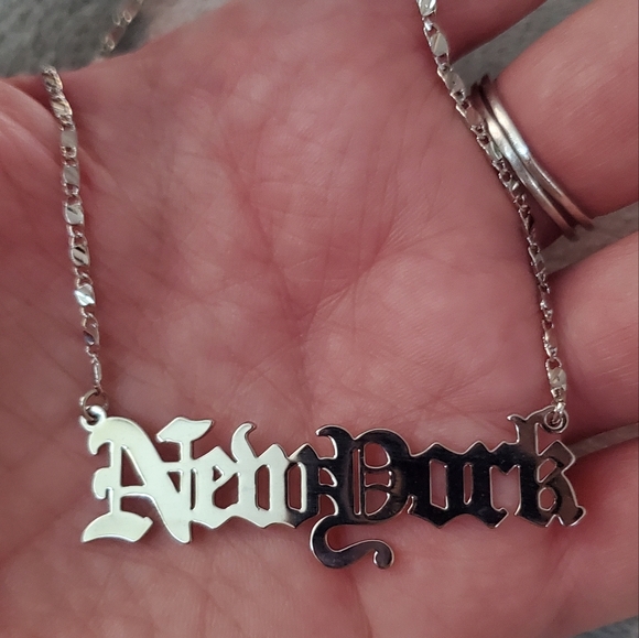 NEW NWT New York Script Silvertone Necklace, Old English Typeface - Picture 2 of 6